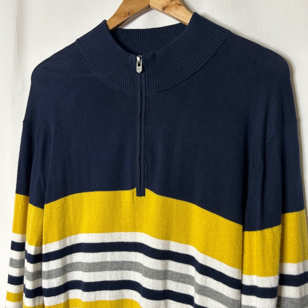 RULE 18 Bobby Jones Sweater Mens L Navy Yellow Stripe 1/4 Zip Pima Cotton - Picture 2 of 8